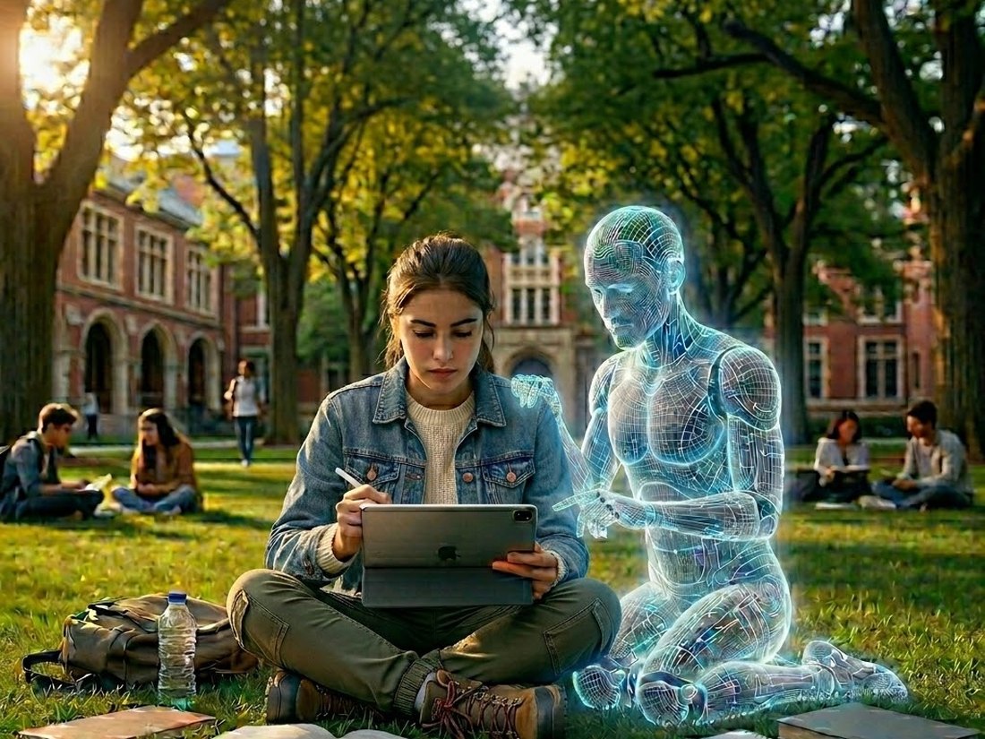 A student working on a tablet with a stylus on a campus lawn, beside a translucent AI figure