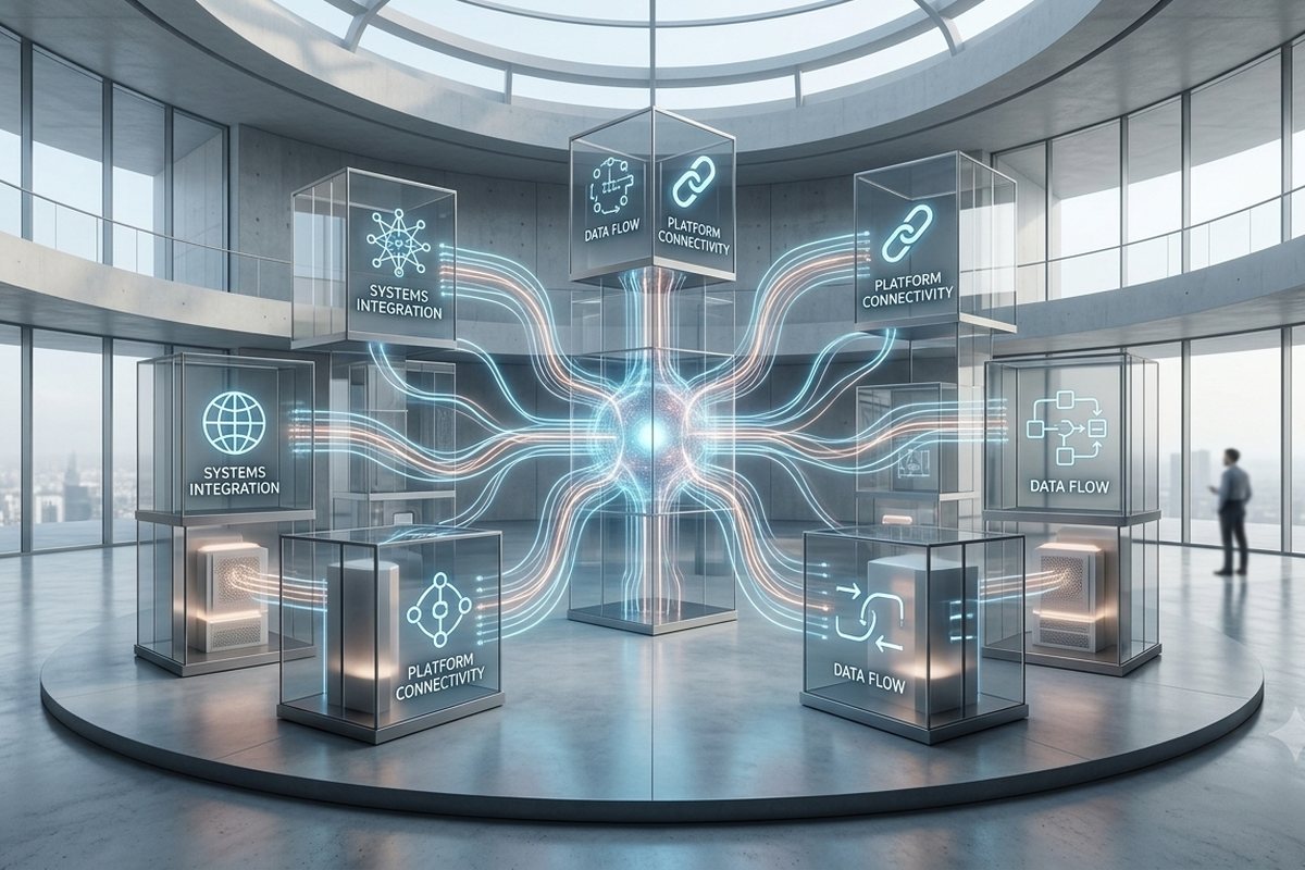 Data flowing between connected systems, shown as glowing lines across glass cases
