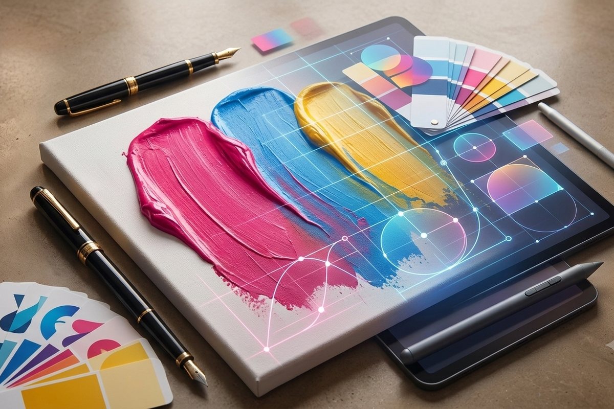 Magenta, cyan and yellow paint strokes on canvas beside color swatches and a design tablet