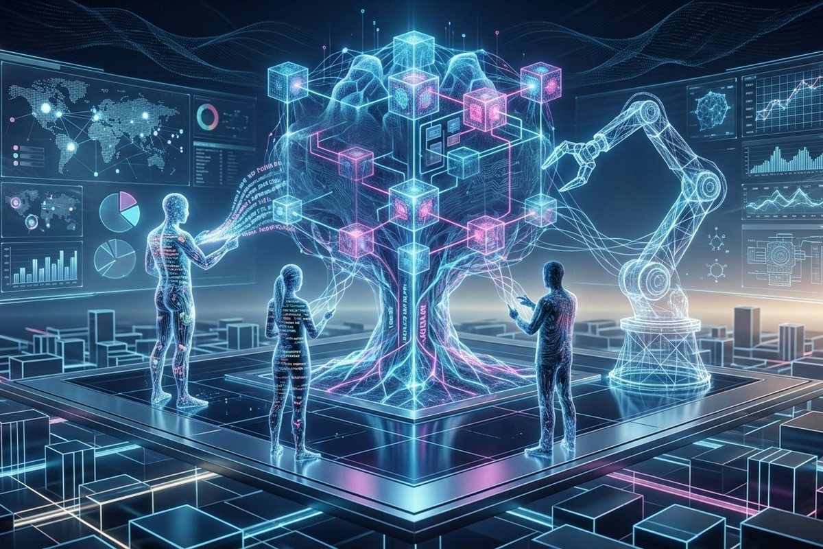 A wireframe data structure on a processor, worked on by figures beside dashboards and a robotic arm