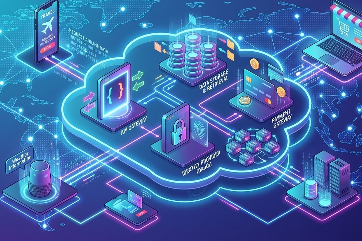 An isometric diagram of connected web services across a world map